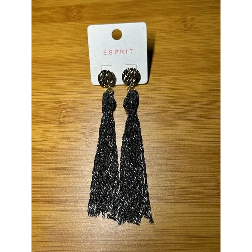 ESPRIT Gold Hammered Disc Stud Black Tassel Drop Earrings Boho New Pair